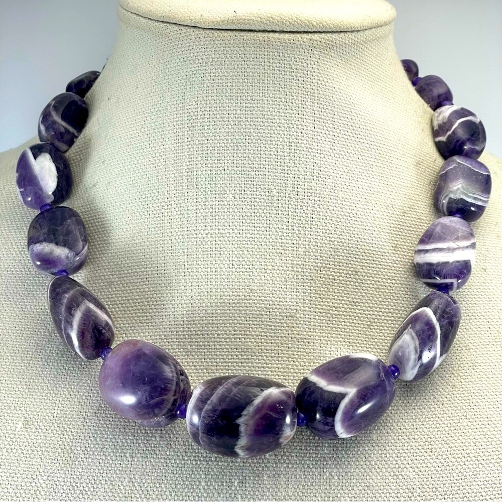Vintage Bold Chunky Statement Purple Chevron Amethyst Stone Beaded Necklace